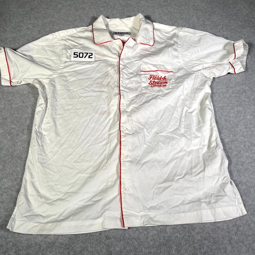 Field & Stream Shirt Men Medium White Lodge Co Dry Fly Saloon Bozeman MT Bowling